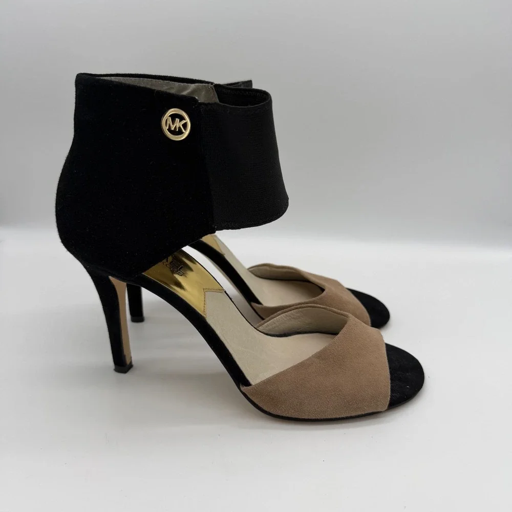 Michael Kors Sivian Black Tan Suede Ankle Strap d'Orsay Bootie Heels Womens 9.5M